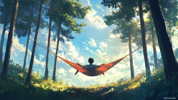 Anime boy resting in hammock between tall pines.