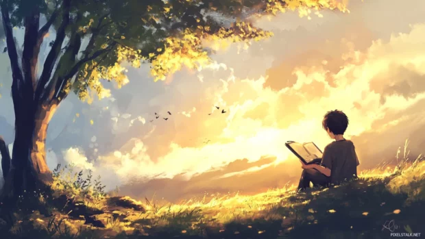 Anime boy sketching nature scene with peaceful look.