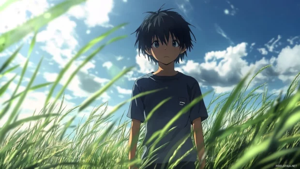 Anime boy standing in field of tall grass with breeze.