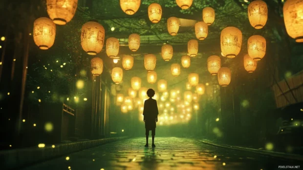 Anime boy standing in tunnel of hanging lanterns.
