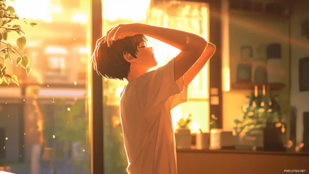 Anime boy stretching arms in morning sunlight.