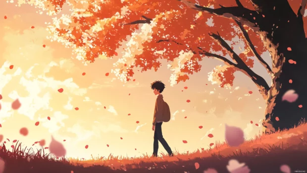 Anime boy walking under cherry blossoms, gentle breeze, designed for Anime Wallpapers 4K PC.