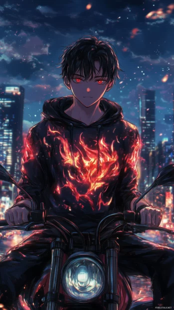 Anime boy wearing flame hoodie on motorcycle, night city skyline in background.