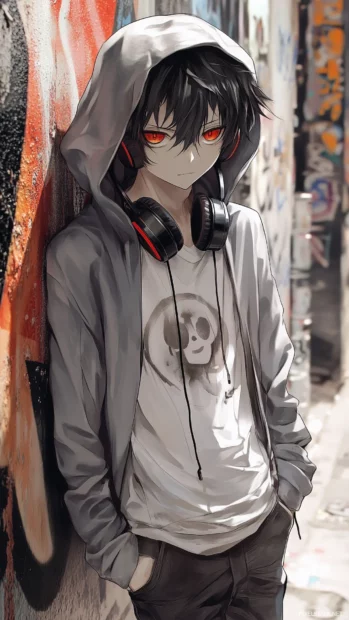 Anime boy wearing gray hoodie with hood up, leaning on graffiti wall, headphones on neck.