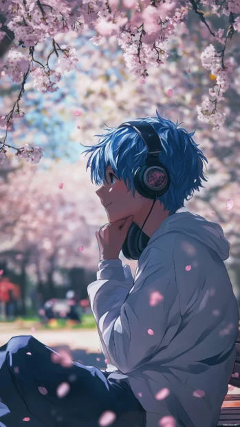 Anime boy with blue hair, headphones on neck, cheerful, sitting in colorful park surrounded by cherry blossoms.