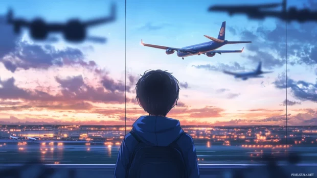 Anime boy with blue hoodie watching airplanes pass.