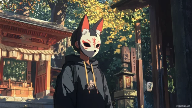 Anime boy with fox mask standing near shrine.