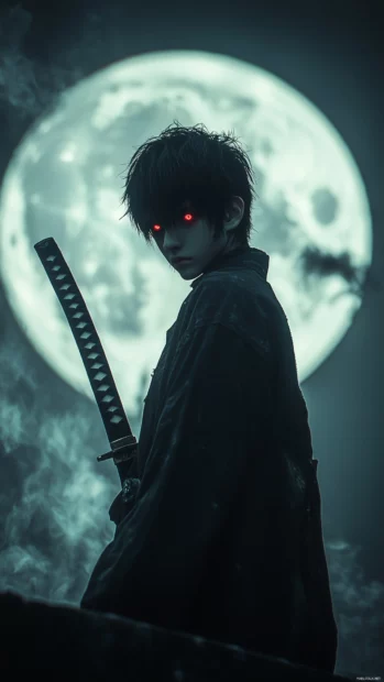 Anime boy with glowing red eyes, dark trench coat, katana, full moon illumination.