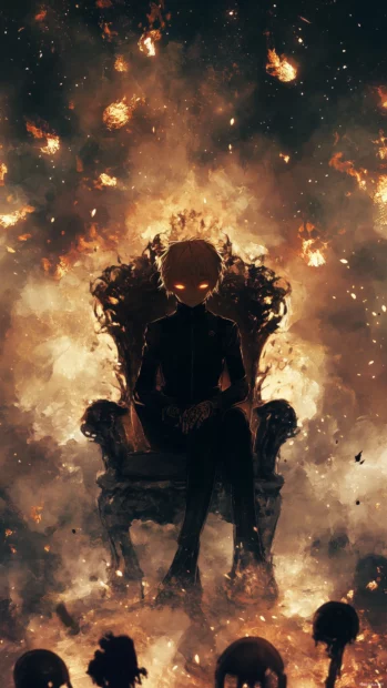 Anime boy with glowing tattoos, dark theme, seated on shadowy throne with embers and smoke.