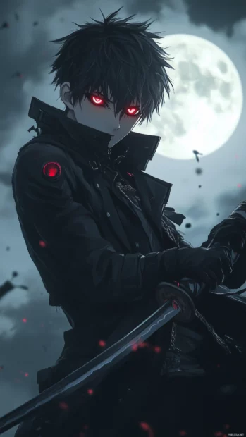 Anime boy with katana, glowing red eyes, dark coat, full moon lighting.