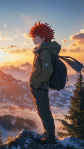 Anime boy with red hair, confident smirk, scarf blowing, on mountain peak at sunrise.