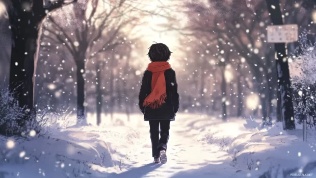 Anime boy with scarf walking down snowy path.
