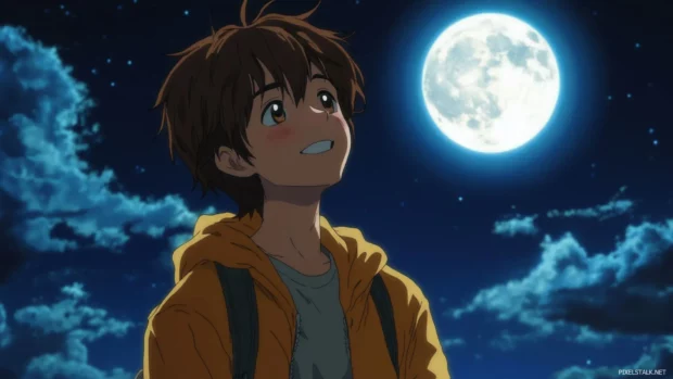 Anime boy with soft smile under moonlit sky.