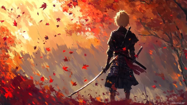 Anime boy with sword standing under falling leaves.