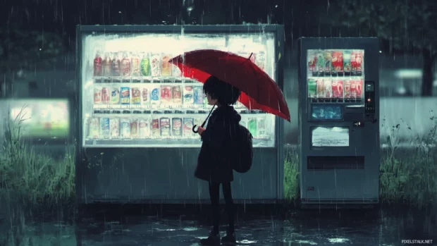 Anime boy with umbrella walking past vending machine.
