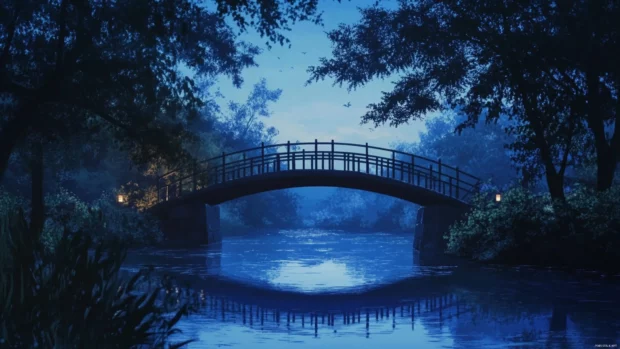 Anime bridge across a quiet river at blue hour.