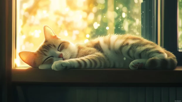 Anime cat sleeping on a windowsill with soft glowing light.