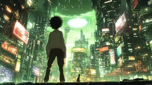 Anime character in futuristic city setting, top rated anime wallpaper for PC.