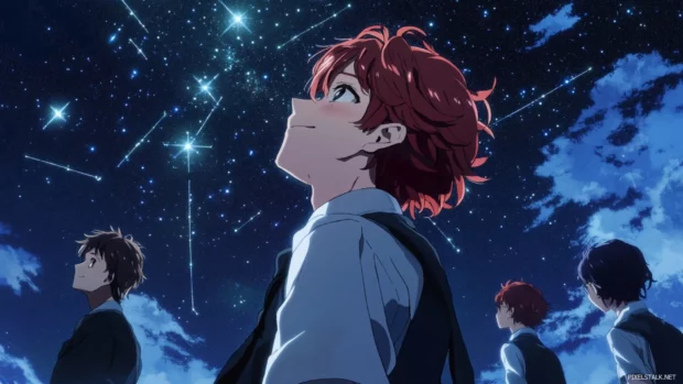 Anime characters gazing up at a star filled sky with shimmering constellations.