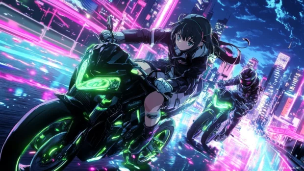 Anime characters racing on motorcycles through neon city streets.