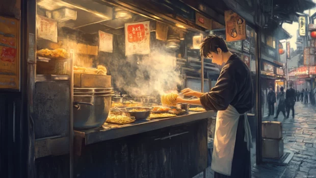 Anime chef tossing noodles in a food stall.