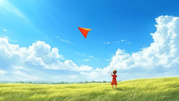 Anime child flying a kite in a wide open field.