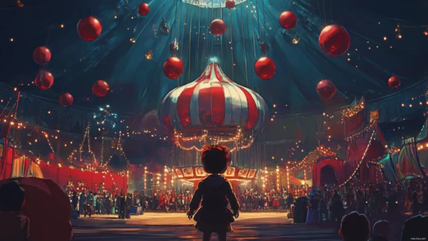 Anime circus scene full of strange wonders.