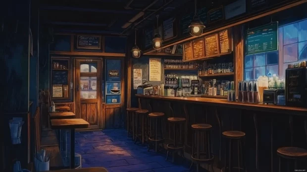 Anime coffee shop scene with cozy ambiance.