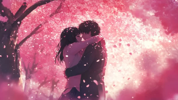 Anime couple hugging under sakura petals.