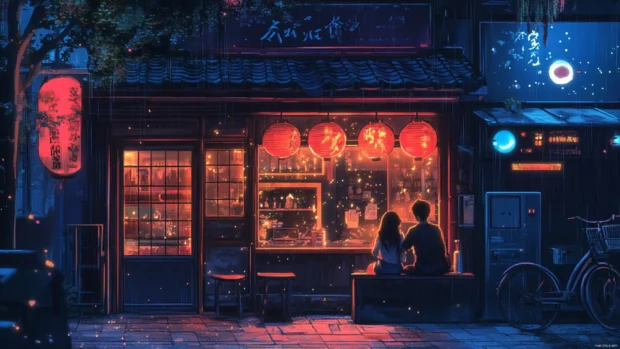 Anime couple watching stars on a rooftop, perfect for anime scenery wallpaper PC.