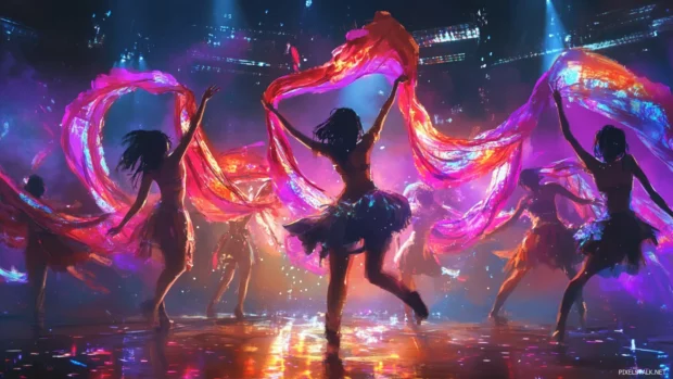 Anime dancers spinning with glowing scarves on a festival stage.