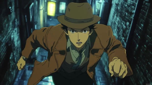 Anime detective chasing clues in dark alleys.