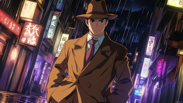 Anime detective solving mystery in night city.