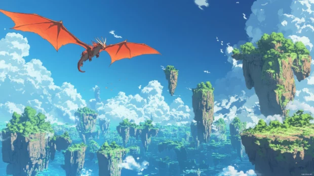 Anime dragon flying above floating islands.
