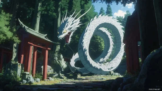 Anime dragons curling protectively around ancient shrines.