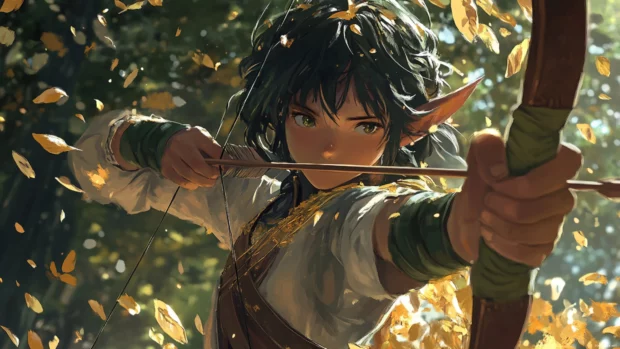 Anime elf archer aiming through forest leaves.