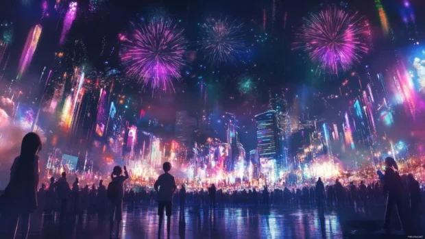 Anime festival with fireworks and dancing lights.