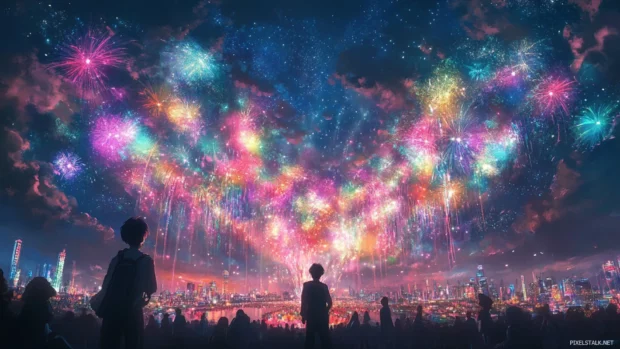 Anime fireworks exploding in vivid colors above a summer festival.