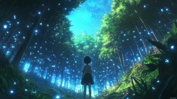Anime forest scene with magical lights, popular anime PC background.
