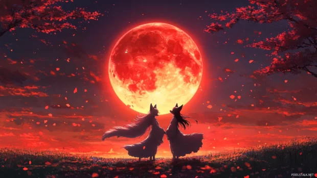 Anime fox spirits dancing under a glowing red moon.
