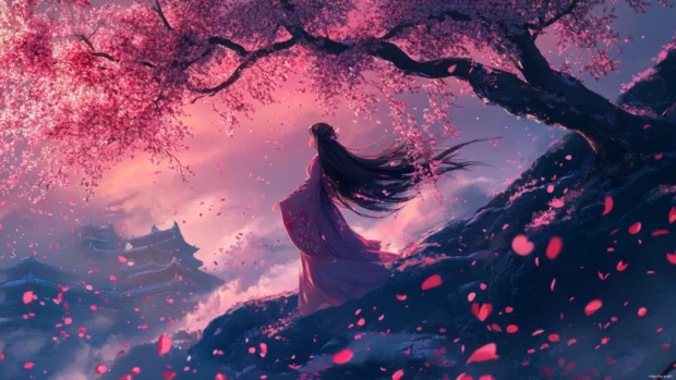Anime girl 4k wallpaper Mac view with long hair flowing under cherry trees.