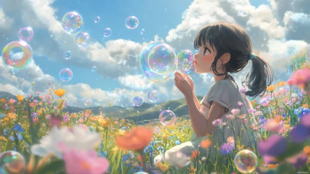 Anime girl blowing bubbles in a flower field.