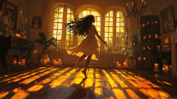 Anime girl dancing barefoot in candlelit room with shadows swirling.
