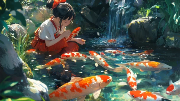Anime girl feeding koi fish in a tranquil pond garden.