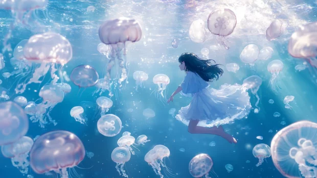 Anime girl floating among jellyfish in a tranquil underwater scene.