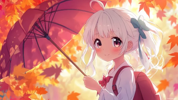 Anime girl holding an umbrella under colorful autumn leaves.