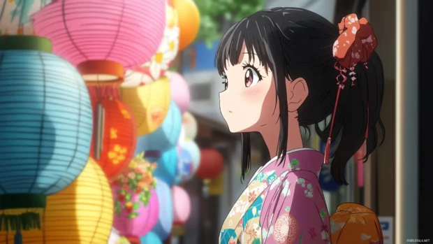 Anime girl in traditional kimono admiring paper lanterns.