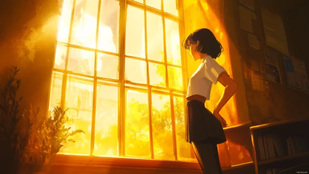 Anime girl leaning against a classroom window with sunlight streaming in.