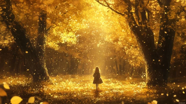 Anime girl lost in thought while walking through a golden forest.