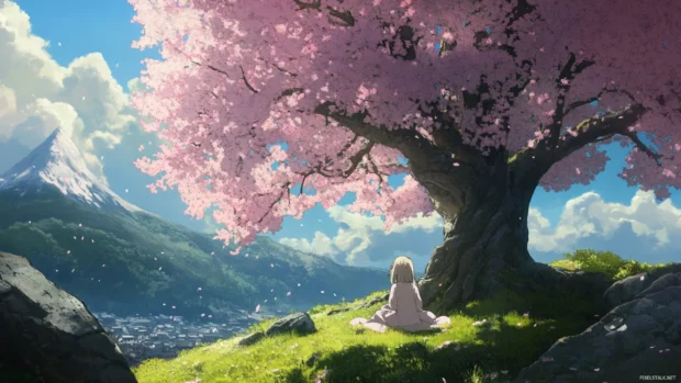 Anime girl resting under an ancient cherry tree in full bloom.